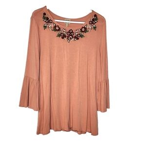 Como Vintage Womens Mauve‎ Long Ruffle Sleeve Embroidered Chest BOHO Blouse XL